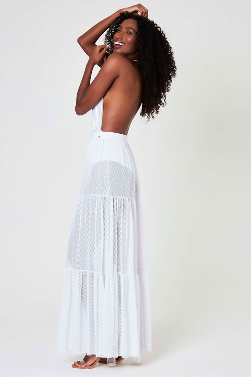 Saia Longa Tule Pois Branco