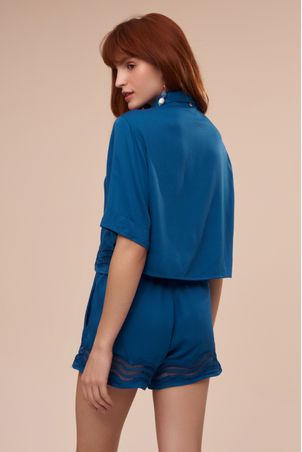 conjunto camiseta e shorts com guipure ola azul capri