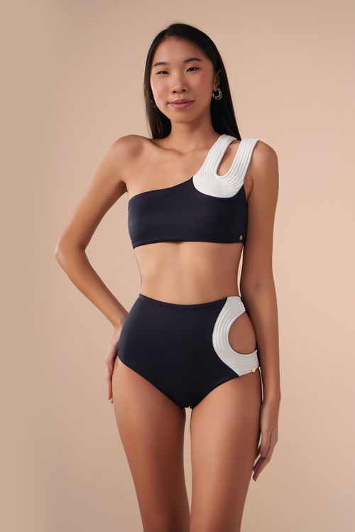 Conjunto Top um ombro só e Hot Pant Contour Preto