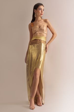 Vestido longo matelassê dourado
