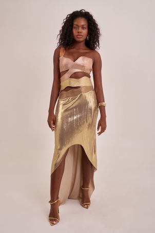 Vestido longo matelassê dourado