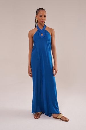 Saída longa com matelassê em viscose com linho orla azul