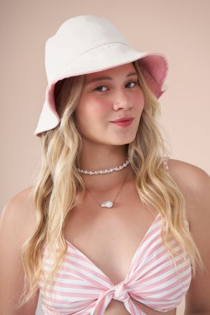 Chapéu Bucket Sweet Summer Dupla Face Rosa Off White