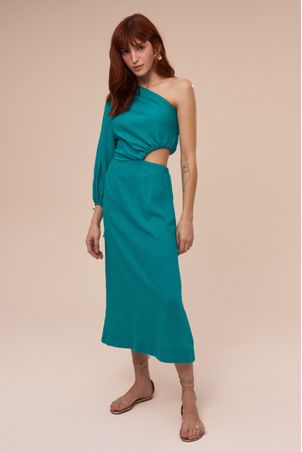 Vestido Um Ombro Só Midi Ostra Verde