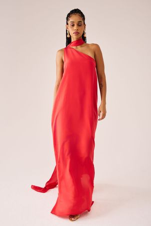 Vestido de seda um ombro só french kiss vermelho