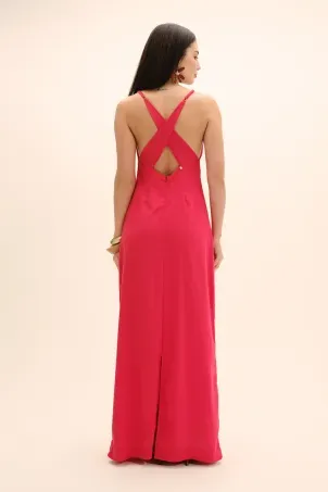 vestido longo em viscolinho linen vermelho