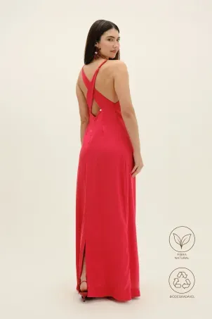 vestido longo em viscolinho linen vermelho