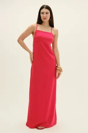 vestido longo em viscolinho linen vermelho