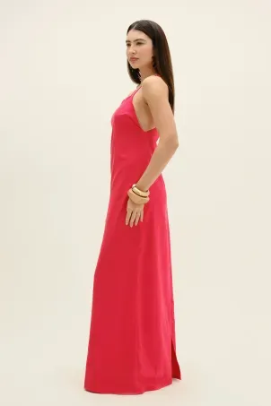 vestido longo em viscolinho linen vermelho