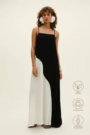 vestido longo organic preto e branco