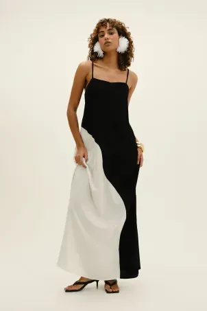 vestido longo organic preto e branco