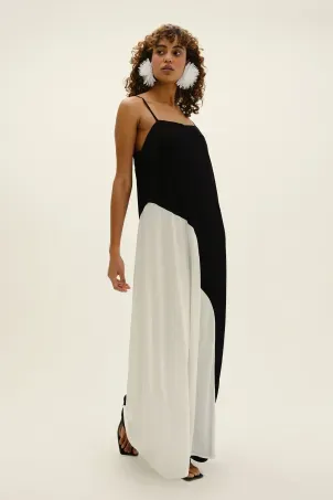 vestido longo organic preto e branco