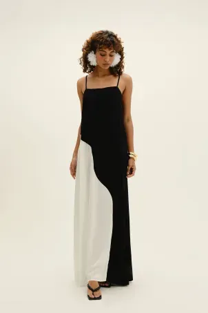 vestido longo organic preto e branco