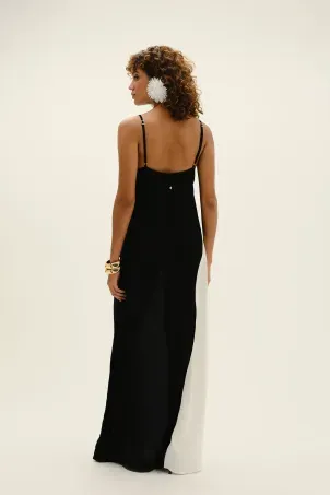 vestido longo organic preto e branco